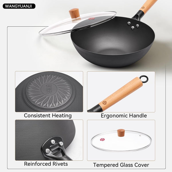 11.8" High Purity Iron Wok Pan,Flat Bottom Stir Fry Pan for Electric,Induction & Gas Stoves,No Chemical Coating Carbon Steel Alternative,Traditional Hand-Hammered Skillet for Cooking7