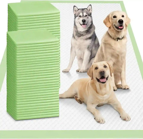 Stacks of green dog training pads with happy dogs on absorbent puppy pads for pets10