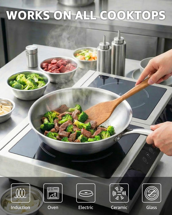 13 Inch Tri-Ply Stainless Steel Wok Pan, Uncoated Wok for Stir Fry | PFOA/PFOS Free, Heavy-Gauge Flat Bottomed Cookware, Suitable for Induction & Electric Stoves, Detachable Handle6