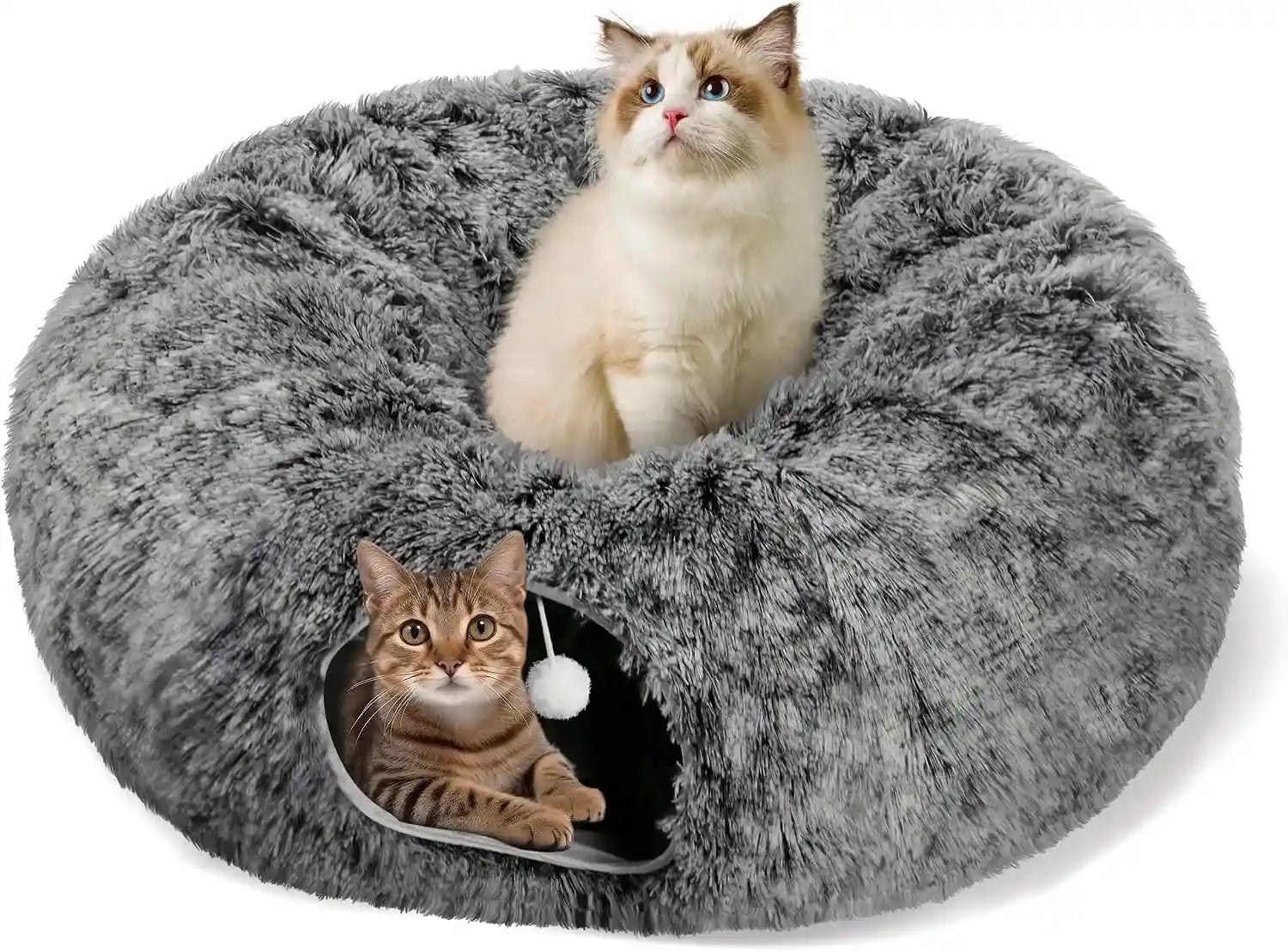 baseola-fuzzy-cat-tunnel-bed-for-indoor-cats-2-in-1-interactive-cat-toys-peekaboo-cat-cave-with-washable-mat-collapsible-cat-play-tunnel-for-kittens-small-pets-plush-cat-donut-bed-tunnel-grey