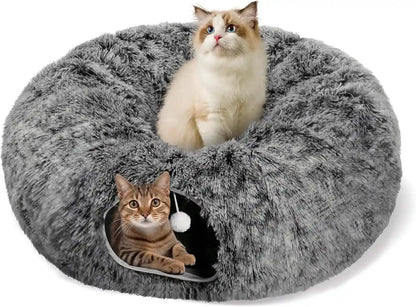 Baseola Fuzzy Cat Tunnel Bed for Indoor Cats, 2-In-1 Interactive Cat Toys | Peekaboo Cat Cave with Washable Mat, Collapsible Cat Play Tunnel for Kittens & Small Pets, Plush Cat Donut Bed Tunnel, Grey10