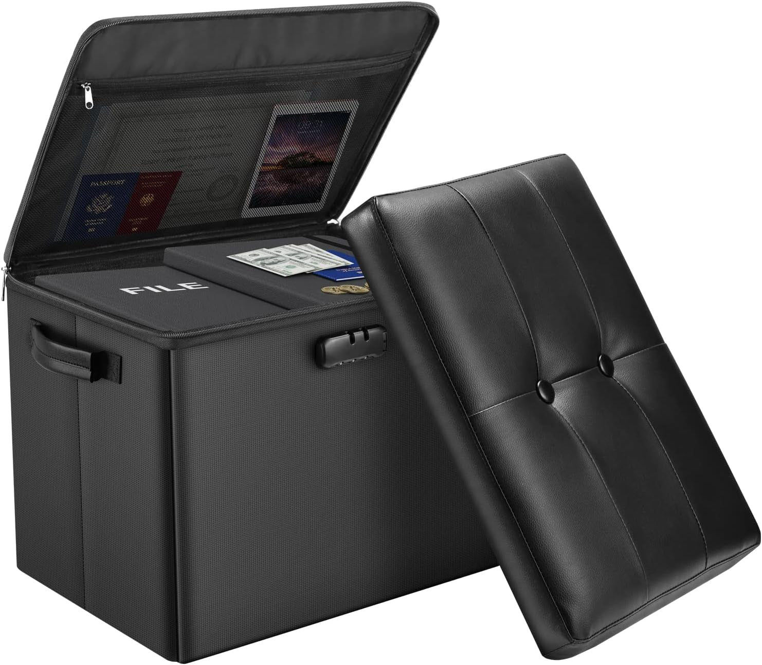 storage-ottoman-with-lock-fireproof-folding-ottoman-foot-rest-stool-storage-chest-with-storage-safe-for-important-documents-waterproof-17-inches-short-ottoman-foot-stool-with-handles-black