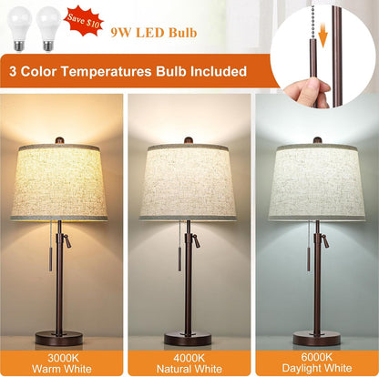 Table Lamps Set of 2, 22" to 30"Adjustable Height Bedside Lamps for Living Room 3 Color Temperatures Tall Nightstand Lamps Modern Brown Table Lamp for Bedroom Office End Table (Bulbs Included)3