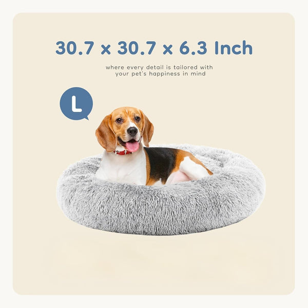 DUMOS 30.7 Inch Donut Dog Bed, Faux Fur Plush, Grey | Machine Washable Cuddler Warming Cozy Fluffy Faux Fur Plush round Pet Bed, Anti-Slip Bed for Indoor Dogs and Cats5