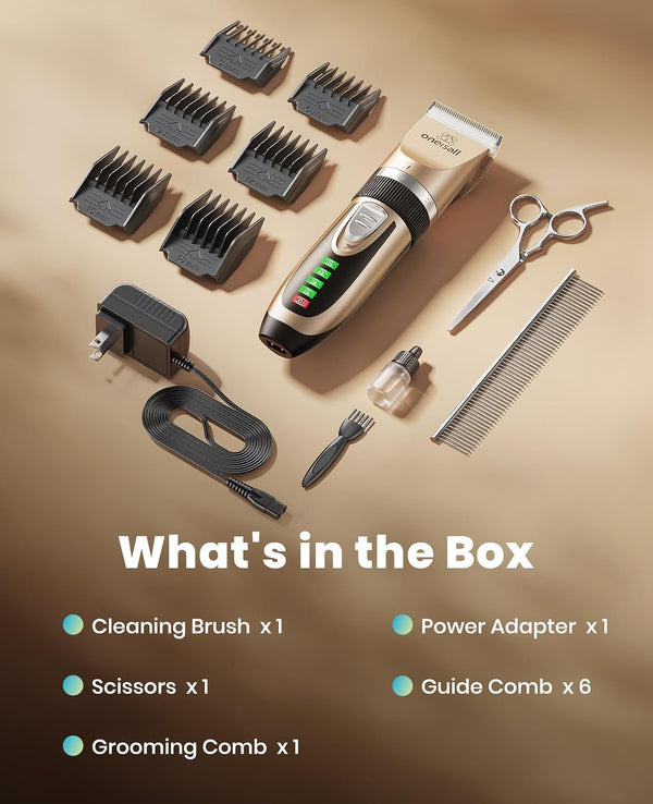 Oneisall Dog Grooming Clippers with LED Display for Dogs & Cats | Low Noise Quiet,2-Speed,Cordless Rechargeable,Fast Charge,Detachable,Waterproof,Battery Level Display, Model X2,Gold9