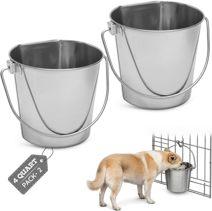 Flat Side Stainless Steel Bucket 2 Quart Hanging Feeding Utility Pail for Small Dog Cat Birds, Fits Kennel Cage Compatible, Heavy Duty Food & Water Feeder, 0.5 Gallon Silver Bucket 4 Pack12