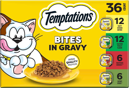 Temptations Bites in Gravy Wet Cat Food, Variety Pack, 3.5 Oz, 36 Count | Chicken, Seafood Medley, Backyard Cookout, Catnip Fever, No Artificial Flavors, 3.5 Oz. Trays, 100% Complete & Balanced1