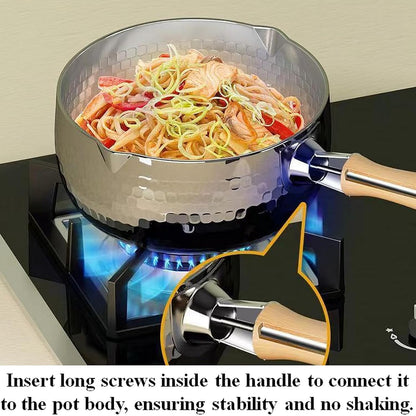 Thickened 304 Stainless Steel Pot, Solid Wood anti Scald Handle with Hook, Multifunctional Sauce Pot with Inverted Mouth, Milk Pot, Cooking Pot (1.7 Quarts)5
