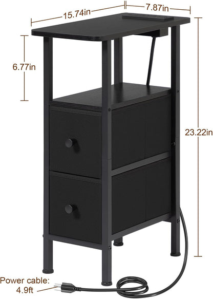 Narrow End Table with Charging Station, Small Nightstand | Skinny Side Tables Living Room with 2 Fabric Drawers, Slim Bedside Table for Bedroom, Small Spaces, Couch, Black3