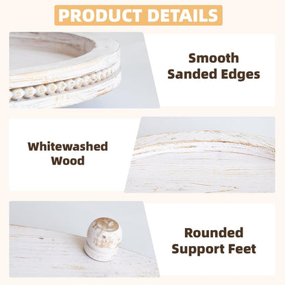 2 Piece Whitewashed Wooden Serving Tray Set with Beaded Design, Farmhouse Centerpiece Table Decorations, round Coffee Table Tray for Living Room Home Decor, Ottoman Tray Decor for Rustic Styles6
