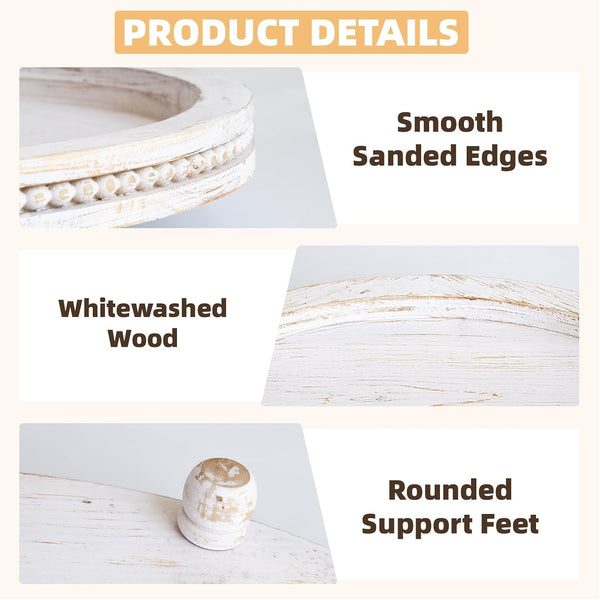 2 Piece Whitewashed Wooden Serving Tray Set with Beaded Design, Farmhouse Centerpiece Table Decorations, round Coffee Table Tray for Living Room Home Decor, Ottoman Tray Decor for Rustic Styles6