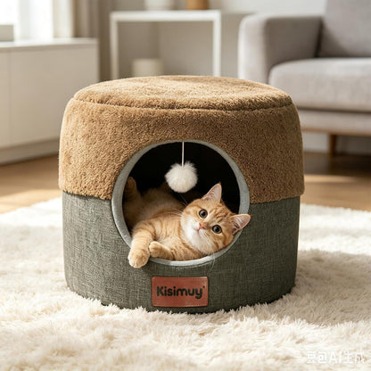2-In-1 Foldable Cat Bed for Indoor Cats, Cat Cave & Sofa Bed | 15.7"D X 13"H, Reversible Plush & Linen Cushion,Enclosed Cat Bed, Hanging Cat Toys, Non-Slip, Small Cat House, Grey10