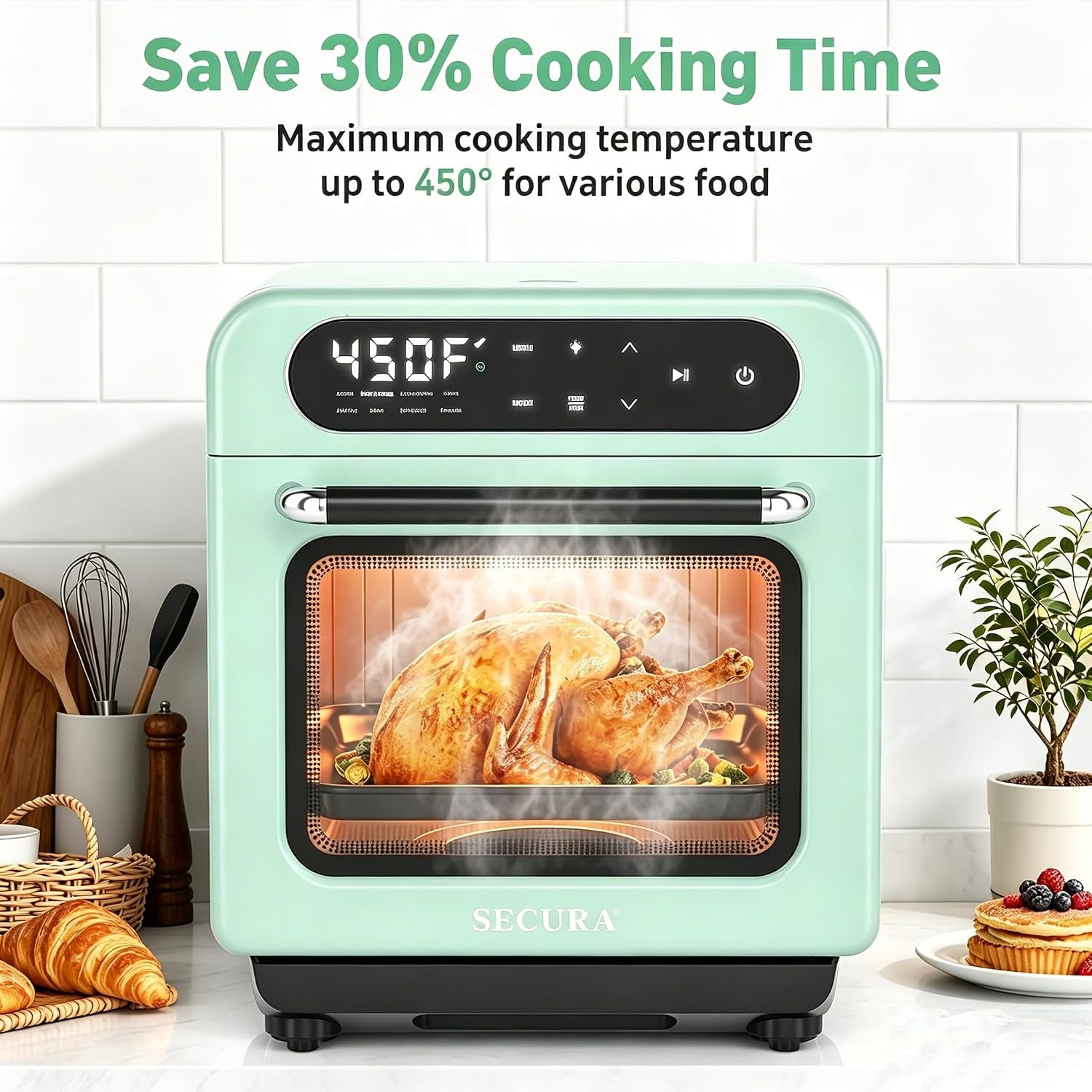 13-quart-steam-air-fryer-oven-10-in-1-multifunction-convection-toaster-oven-with-rapid-steam-bake-dehydrate-ferment-healthy-nutritious-food-steamer-compact-countertop-oven-mint-green