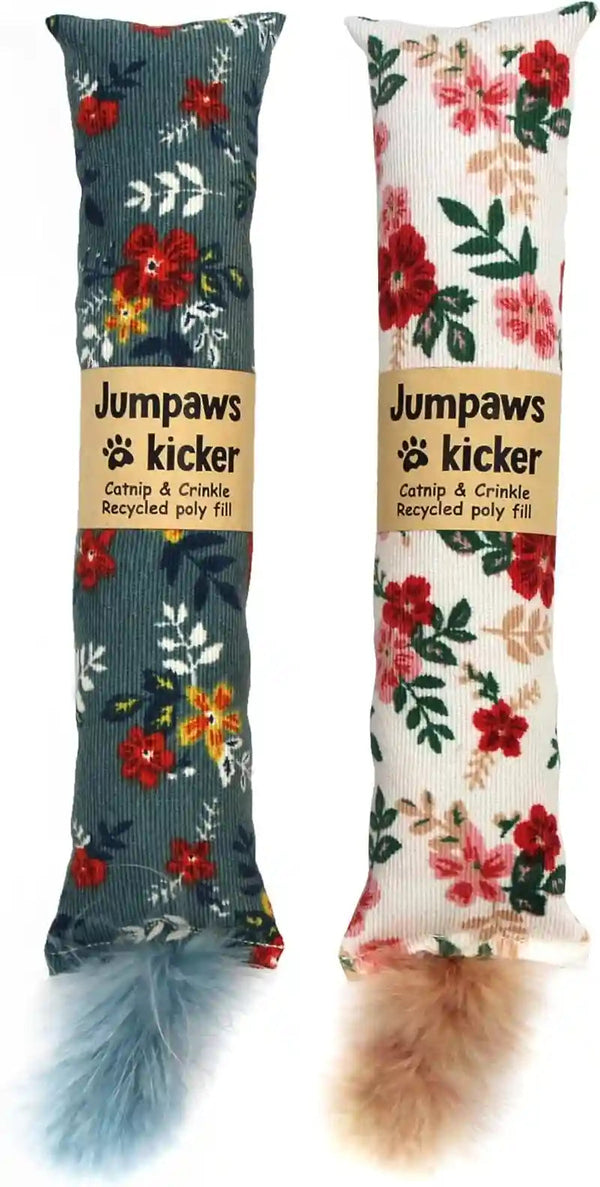Jumpaws 2 Pack Natural Interactive Catnip & Silvervine Cat Kicker with Feathers, Bite Resistant Chew Toy, Crinkle Kicker, Accessories for Indoor Cat, Premium Corduroy Floral1