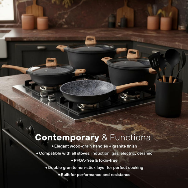 10Pcs Pots and Pans Set Nonstick with Wood Handles, Granite Cookware Set, Frying Pan, Saucepan and 3 Cooking Utensils3