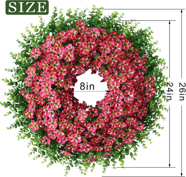 26" Artificial Eucalyptus with Flowers Wreath for Front Door (Rose Red) | Large Faux Eucalyptus & Morning Glory Flowers Wreath,Silk Flowers,For Home Front Porch Farmhouse Spring Summer Outdoor Decor5