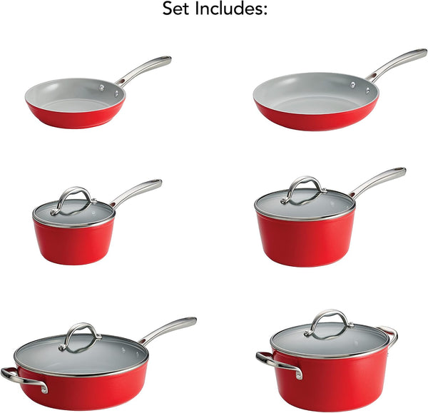 10-Pc Ceramic Non Stick Pots and Pans Set with Lids | Heavy-Gauge Aluminum Cookware Kitchen Set with Ceramic Nonstick Coating, Dishwasher and Oven Safe (Red)9