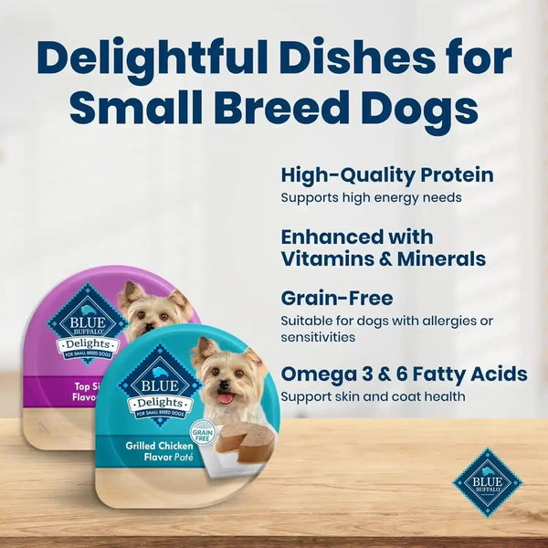 Blue Buffalo Delights Variety Pack Natural Grain Free Wet Dog Food for Small Breed Dogs (Top Sirloin Flavor Paté and Grilled Chicken Flavor Paté) with Natural Ingredients, 3.5-Oz. Each (12 Cups)3