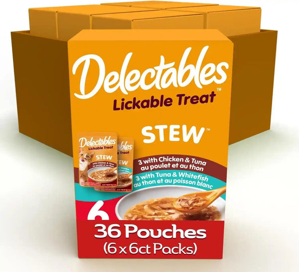 Delectables Lickable Treat Stew Wet Cat Treat Variety Pack, Food Topper, Hydrating, Grain-Free, No Fillers, No By-Products, No Added Preservatives, 1.4Oz Pouch, 12Ct15