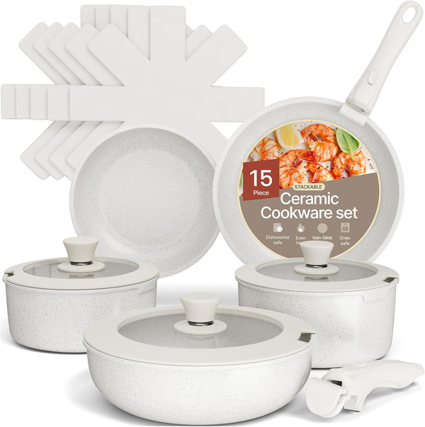 Bakken 15-Piece Non-Stick Cookware Set with Detachable Handles – Granite Stackable Pots and Pans Set, Dishwasher Safe, Oven-Safe, and Compatible Kitchen Essential for All Stoves – Cream1