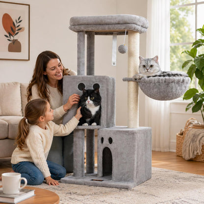 Small Cat Tree Tower for Indoor Cats, 40 in Medium Cat Bed Scratching Posts | Multi Level Compact Kitty Kitten Houses Climbing Trees Stands with 2 Condos Sisal Post Perch Platform Hammock Plush Toy Balls8