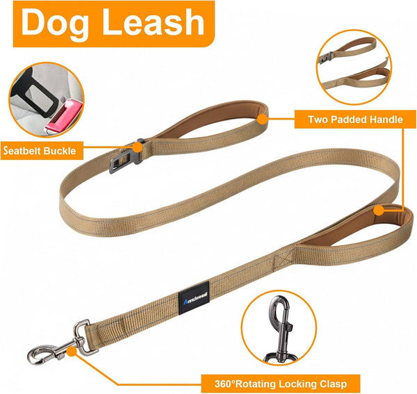 Annchwool No Pull Dog Harness,Heavy Duty Reflective Collar & Leash Set-Leash with Double Handle & Car Seatbelt Clip-Easy Control for Walking Training Medium Large Size Dogs(Brown,L)4