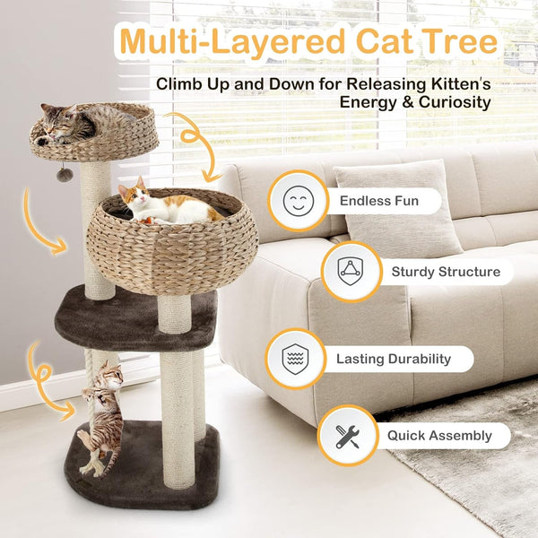 PETSITE 41 Inch Modern Cat Tree for Indoor Cats, Multi-Level Cat Tower with Scratching Posts, Hand-Made Wicker Cat Condo & Top Perch, Dangling Ball, Sisal Rope, Cute Cat Tree for Indoor Cats4