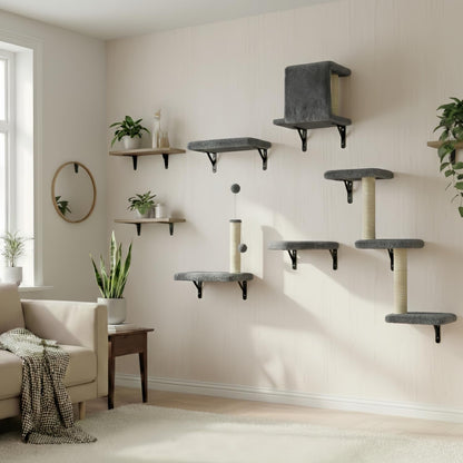 Cat Wall Shelves for Large Cats, Stable & Safe Kitty Walls Furniture Set for 40LBS Cats with Wooden Cat Climber,House, Bridge, Tree, Steps, and Scratcher for 16 Inch Drywall (Grey, 5-In-1)10