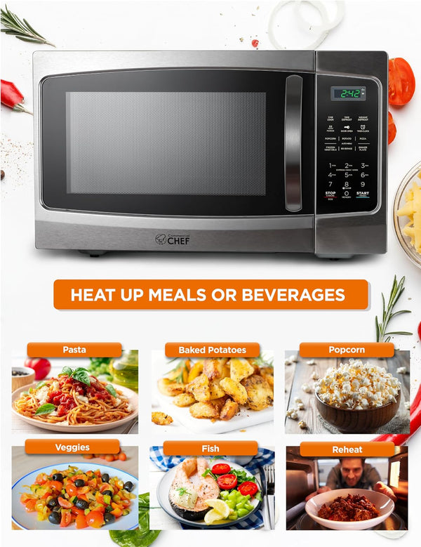 1.3 Cu. Ft. Countertop Microwave Oven, CHM13MS6, Stainless | Touch Controls with Digital LED Display, 1000W, 12.4” Turntable Plate, Push Button Door, 10 Power Levels3