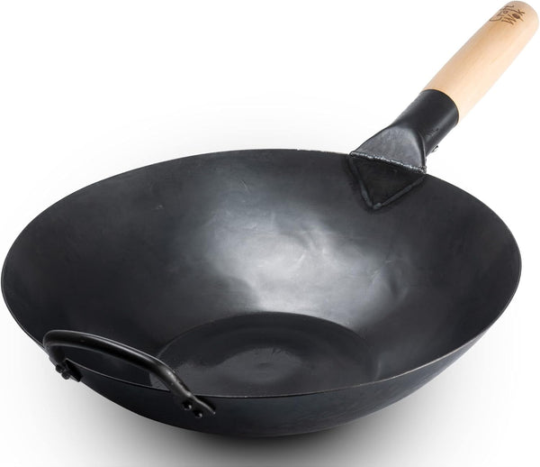 Black13 Flat Pre-Seasoned Hammered Carbon Steel Wok with Wooden and Steel Helper Handle (13 Inch, Flat Bottom)1