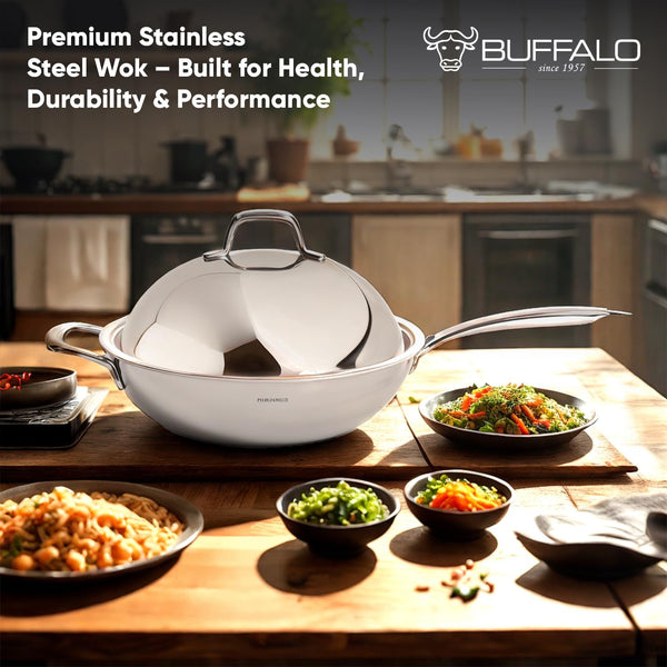 Honeycomb 3Ply Stainless Steel Wok Pan 11 Inch/28Cm with Lid Flat Bottom - Coating-Free Non-Stick Stir Fry Pan - Advanced, Scratch-Resistant Design with Stay-Cool Long Handle7