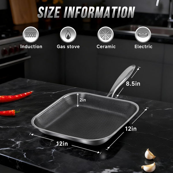 Non Stick Stainless Steel Skillet,12 Inch Square Frying Pan, Nonstick Grill Pan for All Stoves, Oven Dishwasher Safe, PFOA Free5