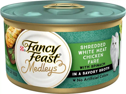 Purina Fancy Feast Wet Cat Food Medleys Shredded White Meat Chicken Fare with Spinach in Savory Cat Food Broth - (Pack of 24) 3 Oz. Cans1