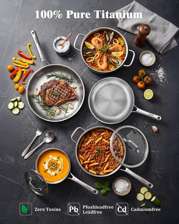Titanium Cookware Set, 8 Piece Pots and Pans Set with Lid, Hammered Non-Stick Frying Pans, Pfas/Pfoa/Ptfe-Free, Dishwasher & Oven Safe, Compatible with Gas & Induction Cooktops8