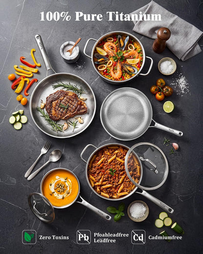 Titanium Pans for Cooking, 8/10/12 Inch Plateful Titanium Pan with Lid, Non-Stick Frying Pans, Pfas/Pfoa/Ptfe-Free, Dishwasher & Oven Safe, Compatible with Gas & Induction Cooktops8