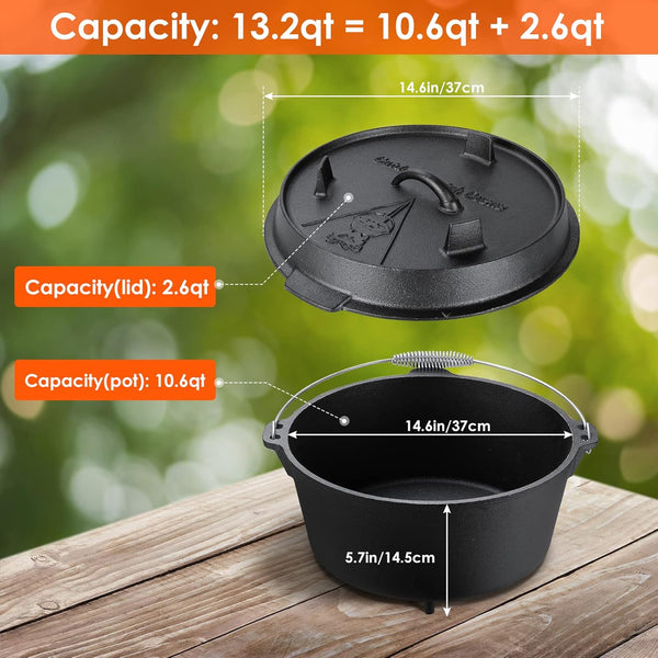 13.2 Quart Cast Iron Dutch Oven Pot with Lid, Black | Dutch Oven with Lid Lifter Handle, Stand & Dual Function Lid Griddle for Home Cooking, BBQ & Baking5