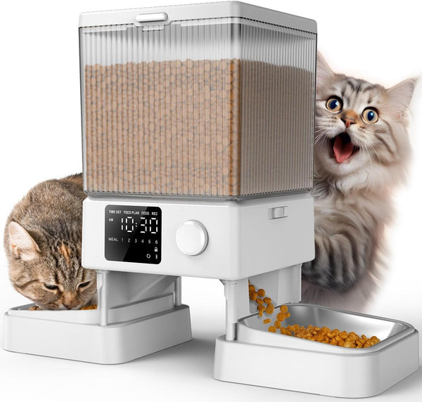 Oneisall Automatic Cat Feeder for 2 Cats Pets, Timed Cat Food Dispenser | 20 Cups/5L, Prevent Fighting, Precise Portion, Balanced Dispense, Non-Slip & Stable, Voice Recorder, Stainless Steel Bowls10