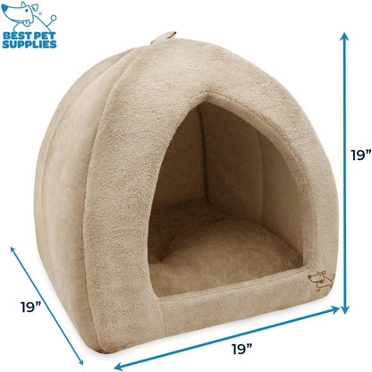 Best Pet Supplies Cat Bed for Indoor Cat, Domed Tent House with Removable Pillow, Covered Cat Cave for Small Dog, Puppies and All Breeds of Cats - Tan, 19 X 19 X H:19"2
