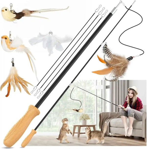 ROSAUI Cat Teaser Wand Toys, Interactive Bird Toys for Indoor Kittens, 42.15’’ Long Cat Fishing Pole Toys, 2Pcs Wires and 5Pcs Natural Refills, Sustainable Wooden Handles, Exercising, Playing1