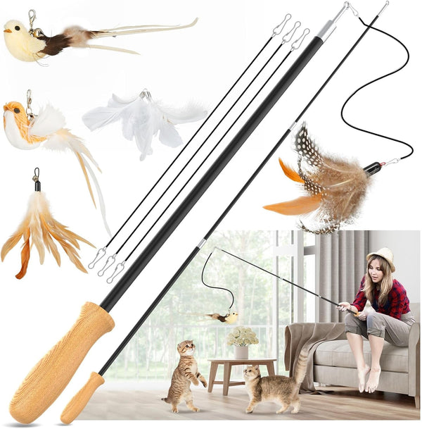 ROSAUI Cat Teaser Wand Toys, Interactive Bird Toys for Indoor Kittens, 42.15’’ Long Cat Fishing Pole Toys, 2Pcs Wires and 5Pcs Natural Refills, Sustainable Wooden Handles, Exercising, Playing1