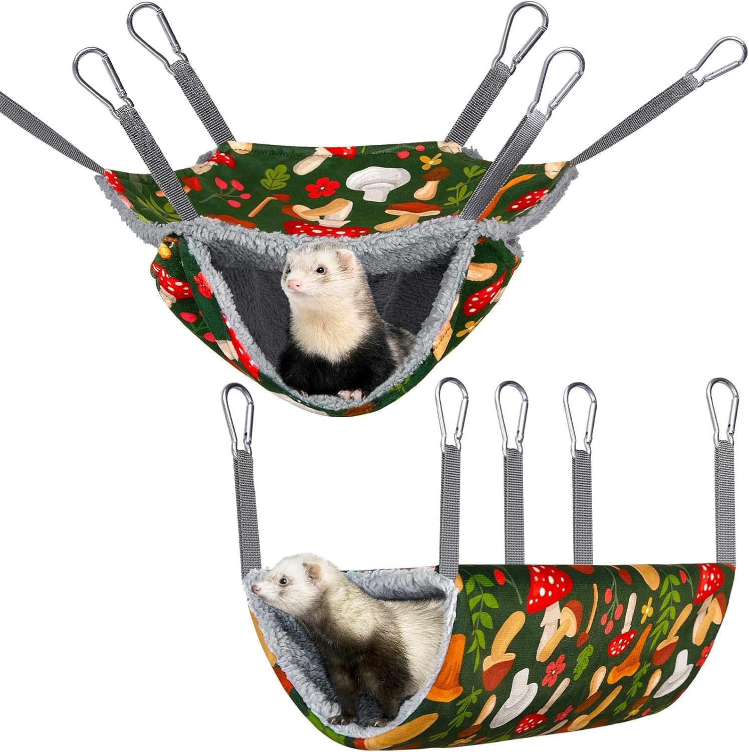 bienbee-2-pcs-ferret-rat-hammock-set-for-cage-washable-guinea-pig-hideout-bed-soft-small-animal-hammock-tunnel-toys-ferret-cage-accessories-for-hedgehog-sugar-glider-squirrel-hamster-green-mushroom