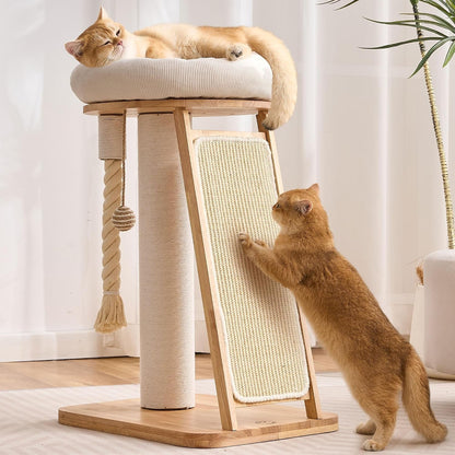 Modern Cat Tree Small Tower with Scratching Post for Indoor, 28 Inch Solid Wood Multifunctional Corner Cat Tree Tower with Bed, Dangling Ball,Interactive Rope, Scratching Board1
