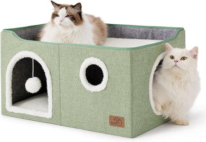 Bedsure Cat House Bed for Indoor Cats with Fluffy Ball and Scratch Pad,Grey | 16.5X16.5X13 In,Large Cat Cave for Multiple Pets,Foldable Cat Hideway Cube for Sleeping Kitten26
