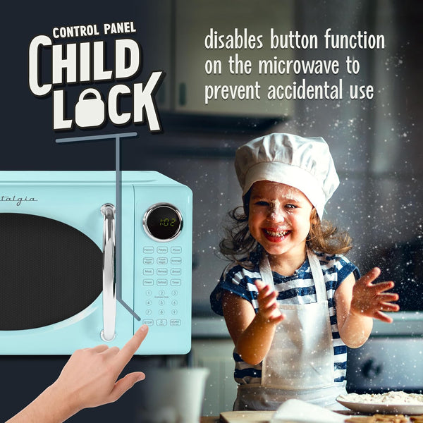 Retro Microwave Oven - 0.7 Cu Ft, 700-Watt Countertop Size with Glass Turntable, Child Safety Lock, 8 Auto-Cook Programs, Digital Clock - Aqua4