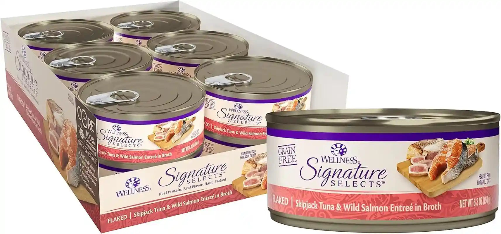 wellness-core-signature-selects-flaked-adult-canned-wet-cat-food-natural-protein-rich-grain-free-skipjack-tuna-and-wild-salmon-entree-recipe-2-8-oz-pack-of-12-cans