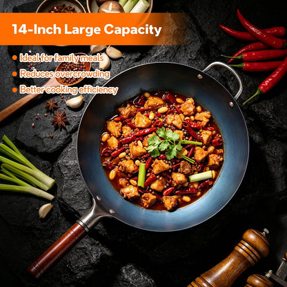 14 Inch Carbon Steel Wok with Lid, round Bottom Wok Pan, Blue Pre-Seasoned Chinese Stir Fry Pan for Open Flame Cooking, Large Traditional Pow Wok for BBQ, Grill, Camping, Home Cooking5