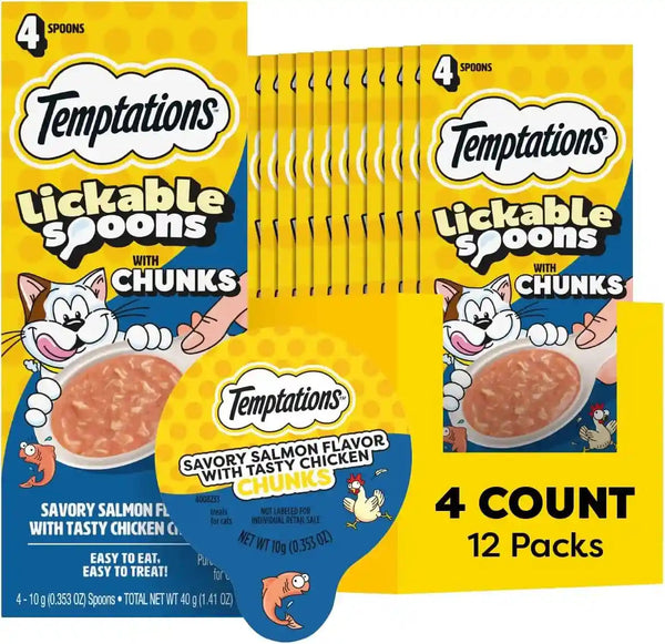 Temptations Lickable Spoons Wet Cat Treats, Chicken with Tuna, 4 Ct, 12Pk | 48 Spoons Total, Mess-Free Creamy Puree, Dual-Flavor per Spoon, Hand-Feed or Use as Food Topper, Real Chicken & Tuna12