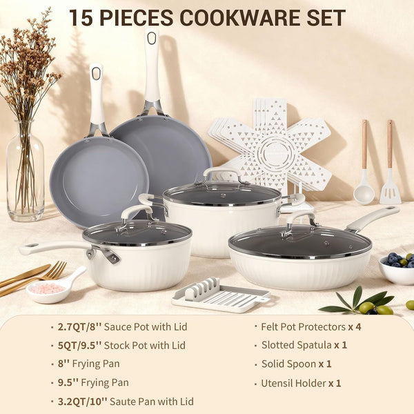 15-Piece Ribbed Ceramic Cookware Set, Pots and Pans Set Non Stick, Induction Ready, Healthy Non Toxic Kitchen Cooking Set Pfas/Pfoa/Ptfe-Free, Silicone-Wrapped Stay-Cool Handle9
