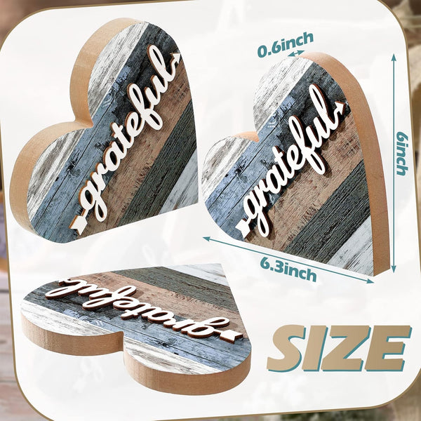 2 Pcs Rustic Wooden Heart Block Home Decor, Grateful Style | Decoration for Shelves, Table Centerpiece for Mantel, Blessed Blue Accent, Decorative Plaques for Home Living Room Gift2
