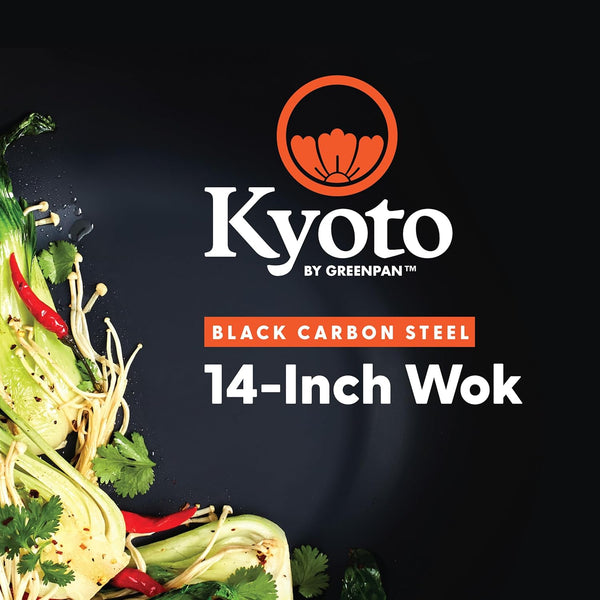 Carbon Steel Wok 14”, Flat Bottom, Durable Stir-Fry Pan, Pre-Seasoned Ready to Use, High Heat Retention, Induction, Ash Wood Handle, Kyoto, Black9
